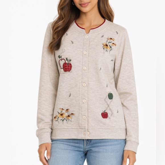 Christopher & Banks Sweaters - Vintage Apple & Sunflower Beige Cardigan with Embroidered Accents
